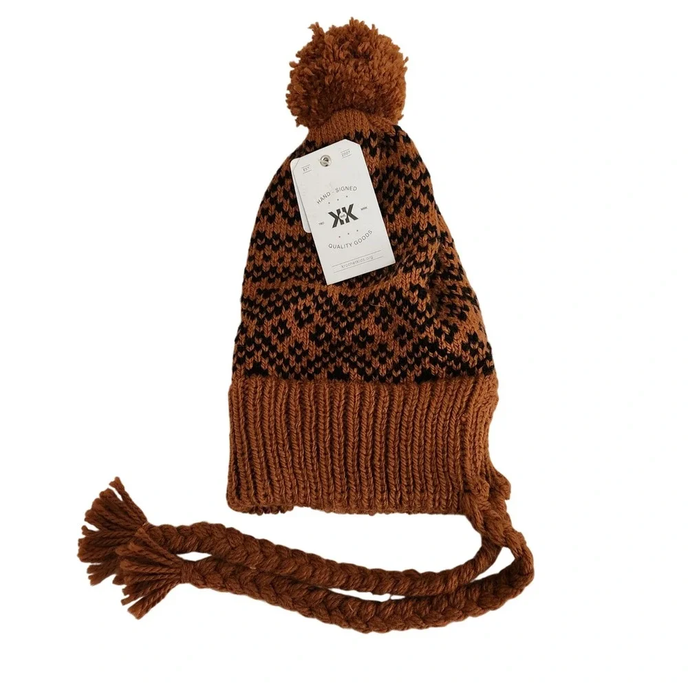 Krochet Kids Brown Black Fair Isle Crochet Knit Beanie Hat with Pom Pom & Tassel